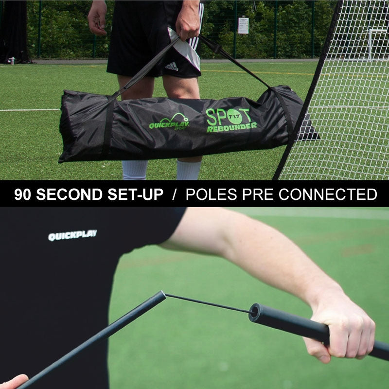 SPOT Soccer Rebounder 8x5': a black SPOT REBOUNDER bag carried on a field, and hands joining two poles linked by a cord, text "Poles pre connected".