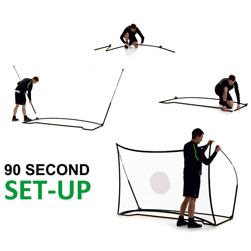 SPOT Soccer Rebounder 8x5' put together in four steps by a man, from poles on the ground to the finished rebounder, on white.