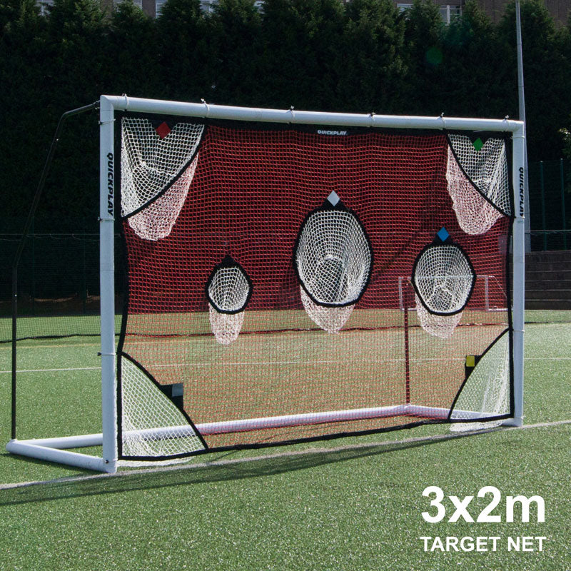 TARGET Net 9.8x6.5' on a white goal seen at an angle on an artificial field, with the text "3x2m target net".