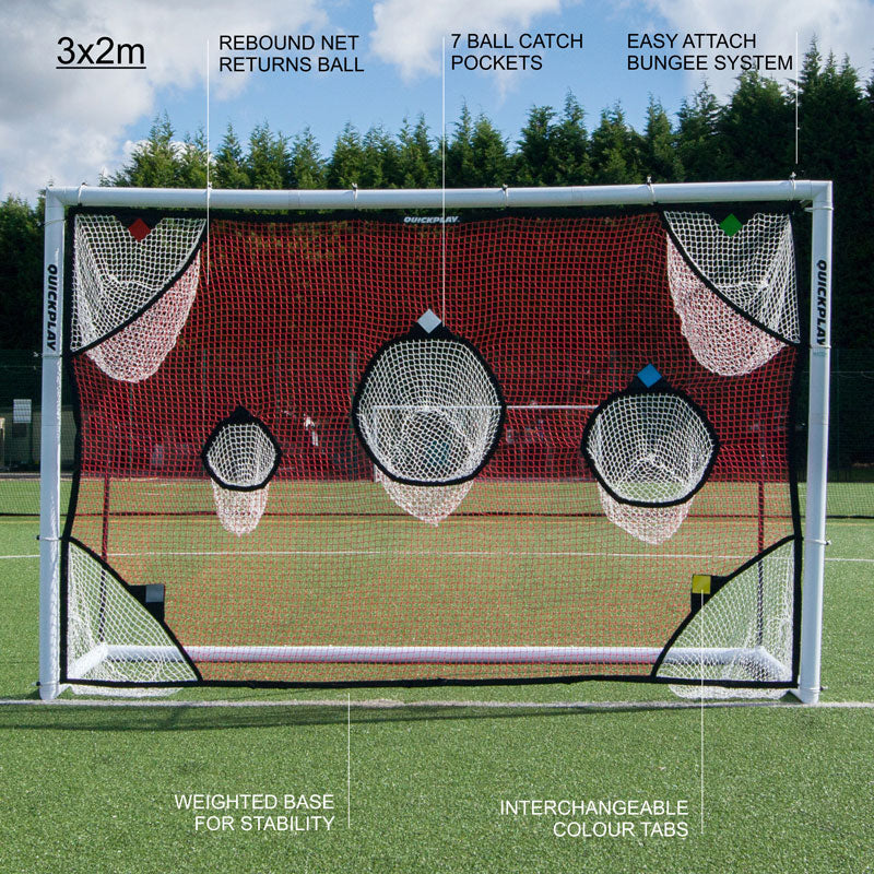 TARGET Net 9.8x6.5' on a goal with feature labels: rebound net, 7 ball catch pockets, bungee system, weighted base, color tabs.